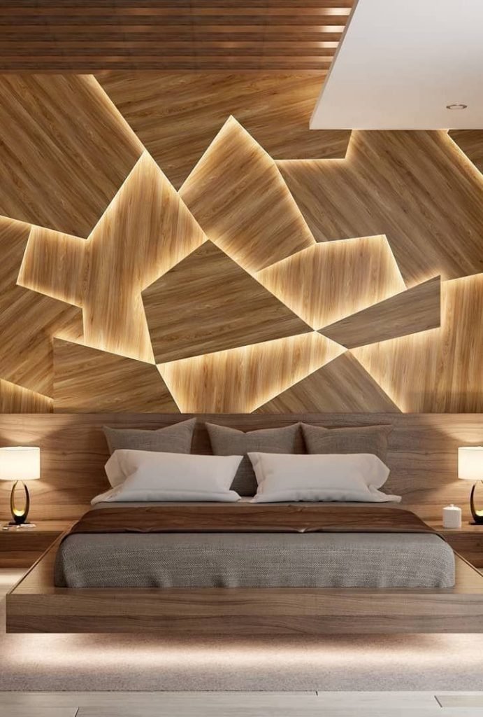 Accent wooden wall and wooden bed in bedroom